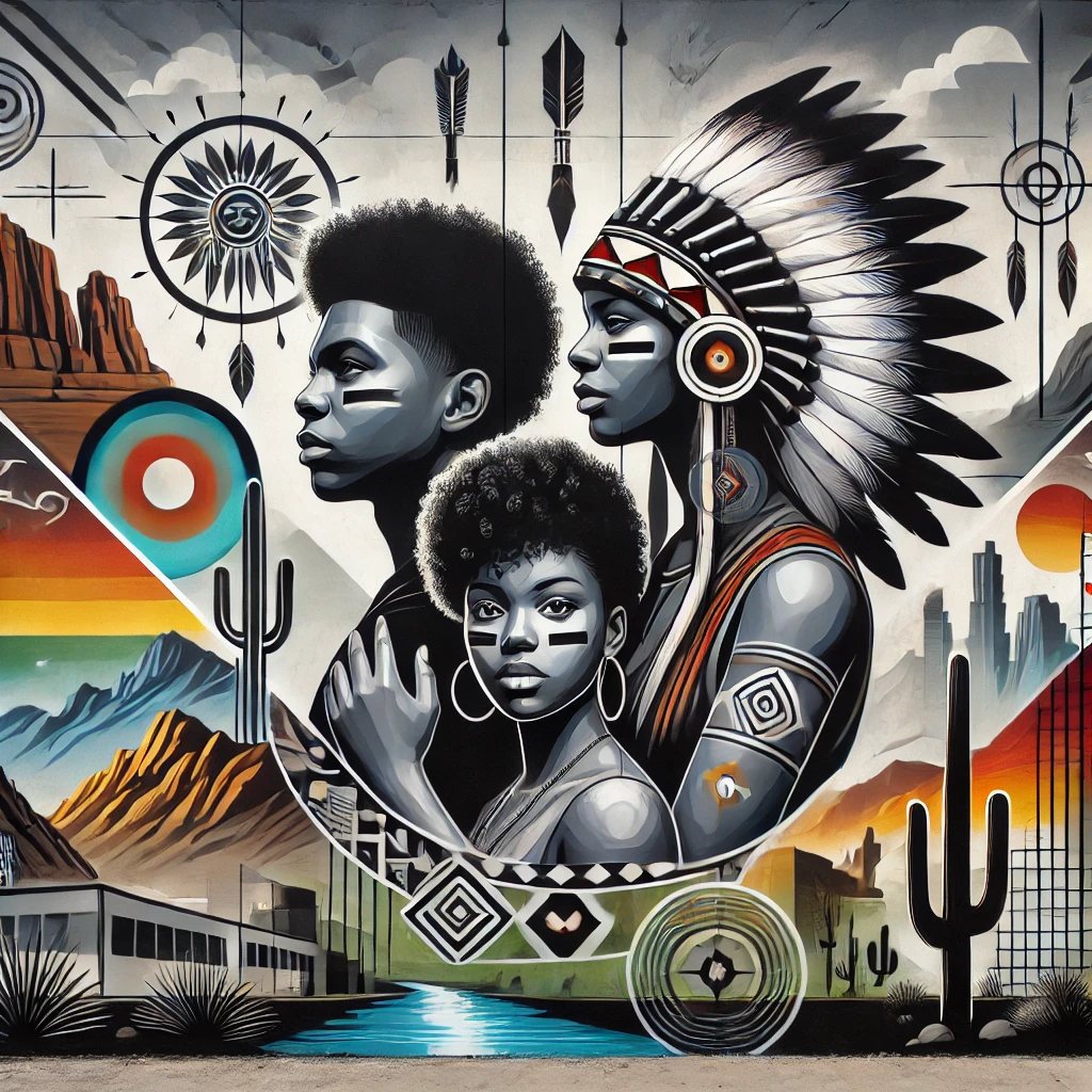 DALL·E 2024-09-21 09.26.49 - A modern mural featuring a Black American Indian family with Afro-American features, symbolizing unity, love, and connection to their land. The design